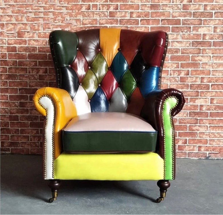 Tufted Leather Wingback Chair, Modern American Colorful Chesterfield Armchair