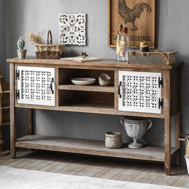 Retro Farmhouse Shabby Chic Console Table - Carved Wood Accent Cabinet