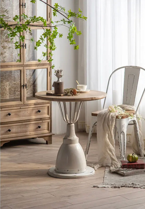 Industrial Wrought Iron & Ash Tea Table - Adjustable Round Accent Table