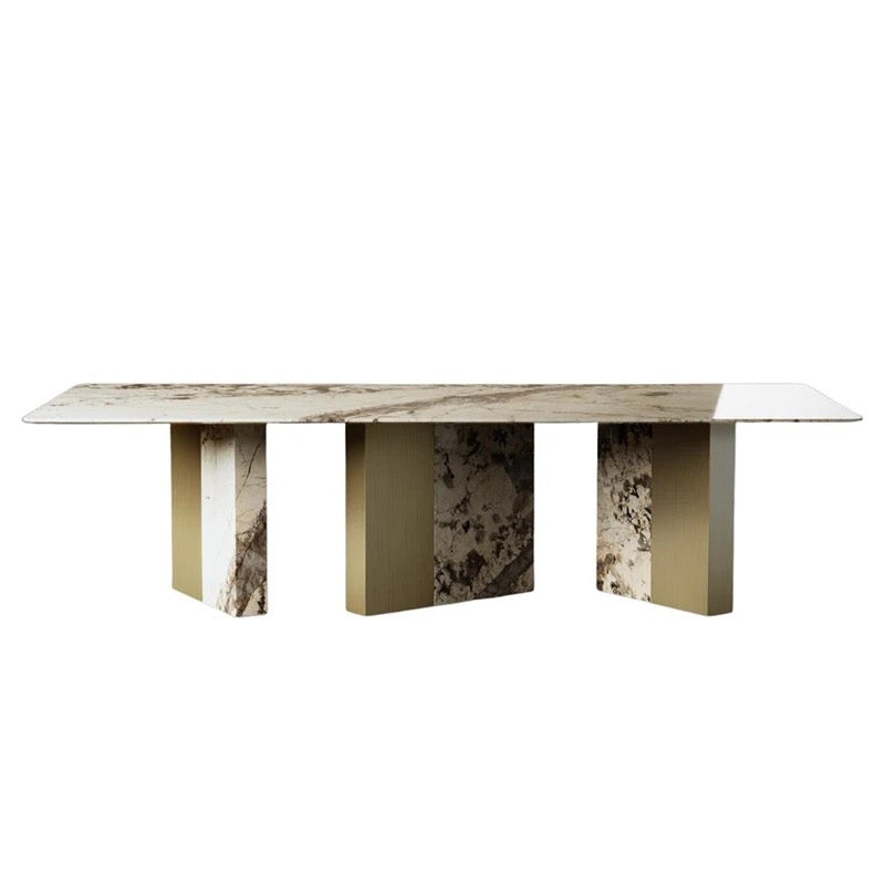 Luxury Postmodern Patagonia Marble Dining Table - Square Brass Base Modern Design