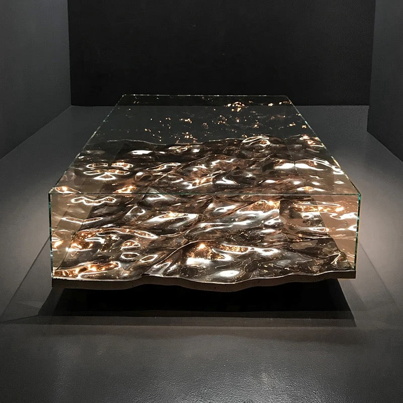 TTWO Modern Brass & Tempered Glass Coffee Table, Customizable Wave-Shaped Accent