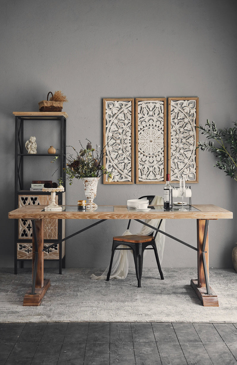 TTWO Rectangular Wood & Glass Dining Table, Farmhouse Dining Table Industrial Design