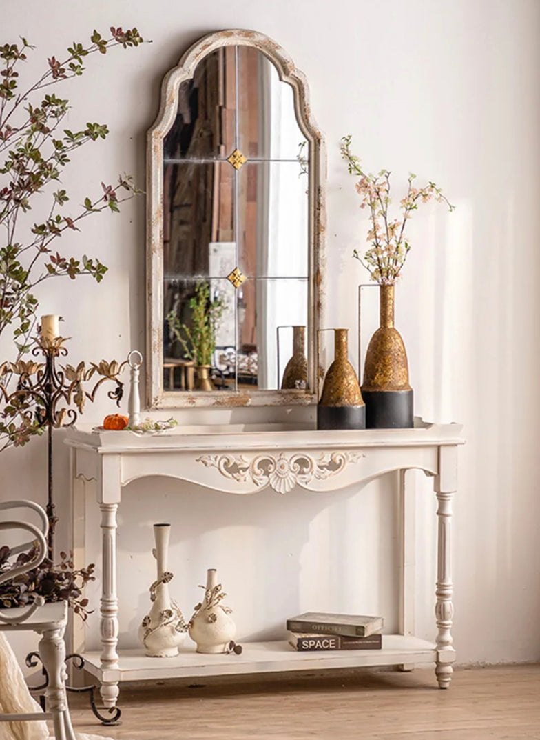 French Country Rustic White Console Table - Carved Wood Hallway Accent
