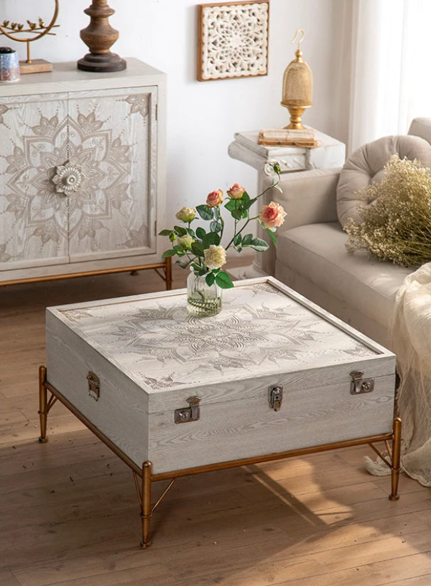 Nordic Modern French Nesting Coffee Table - Solid Wood Retro Luxury Accent Table with Storage