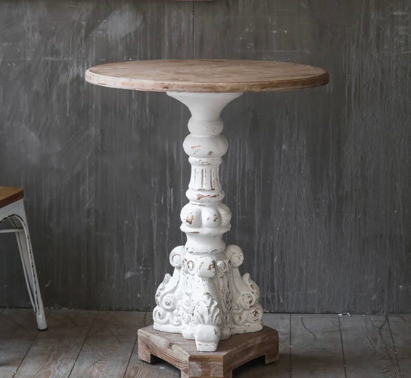 Antique White Iron-Wood Carved Accent Table - Industrial Round Tea Table