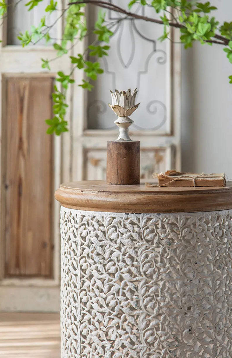 Vintage Iron & Fir Wood Nesting Coffee Table - Adjustable Farmhouse Accent End Table