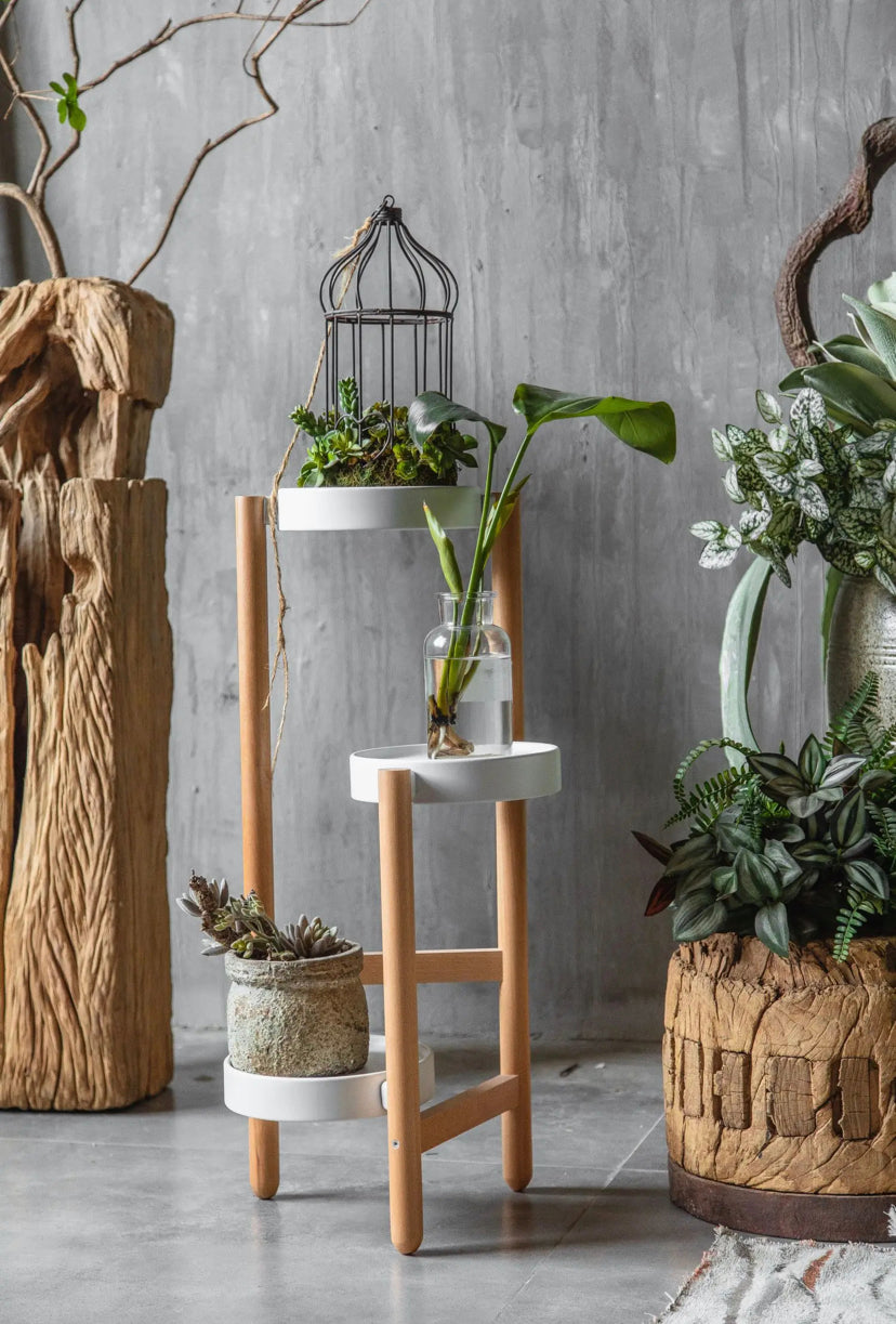 Modern Wood and Iron Art Flower Rack Shelf - Indoor Balcony Pot Holder