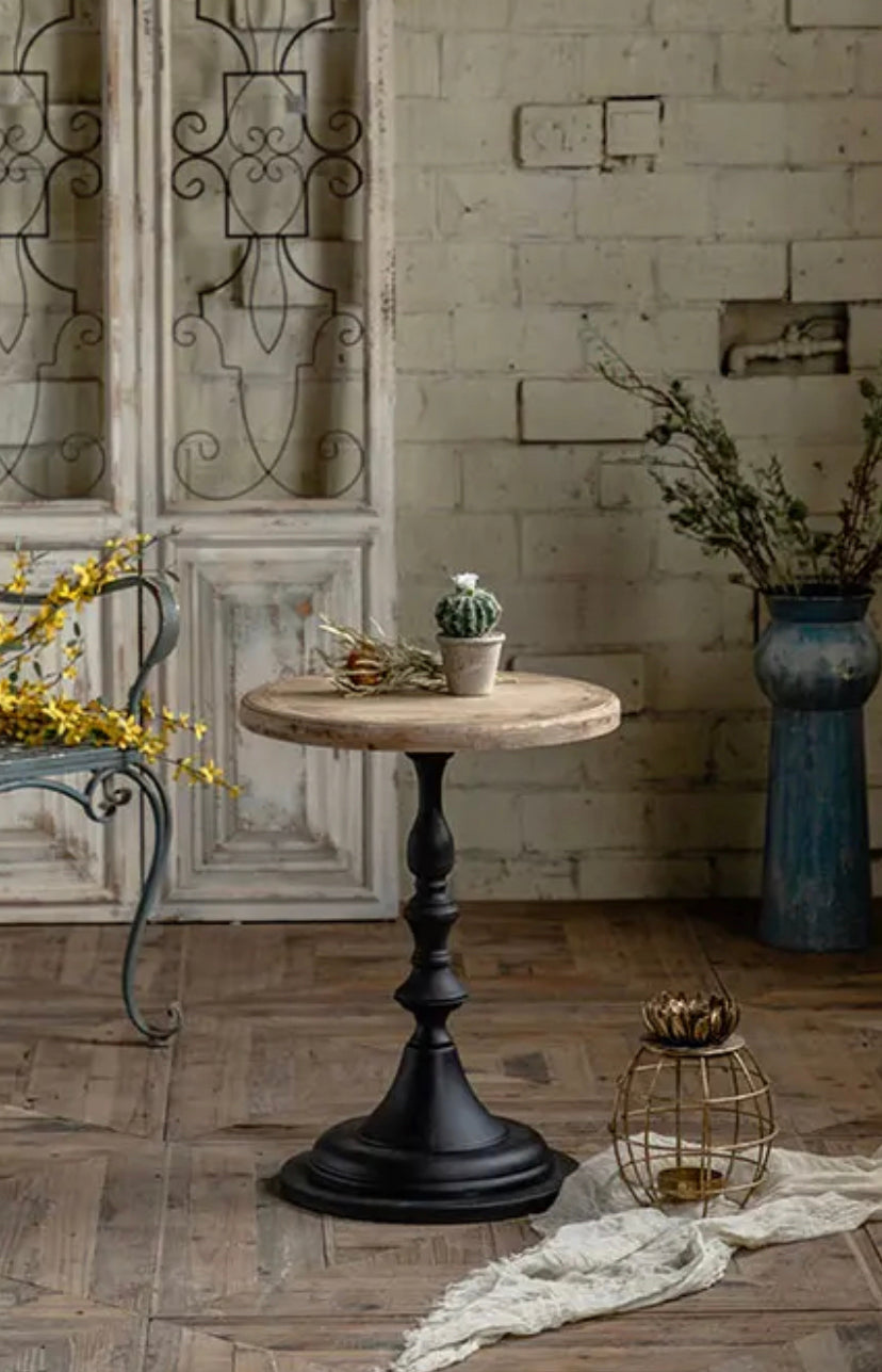 Scandinavian Modern Round Tea Table - Antique Wood & Iron Accent Table