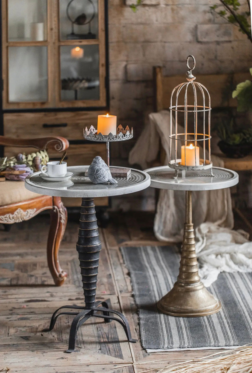 American-Style Carved Iron Round Tea Table - Adjustable Antique Accent Table