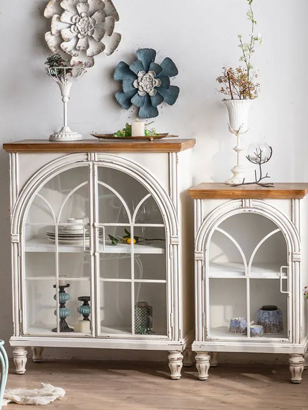 Minimalist 2-Tiers Glass Display Sideboard Pine Cupboard Accent Cabinet Dining Room Home Furniture Wooden Buffet