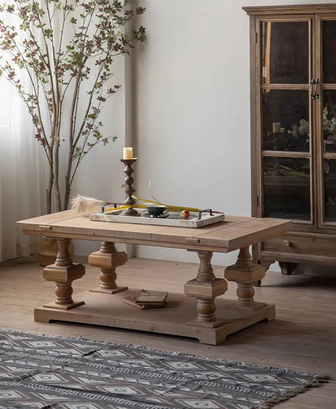 European Wood Rustic Tea Table - Adjustable Solid Wood Accent Table
