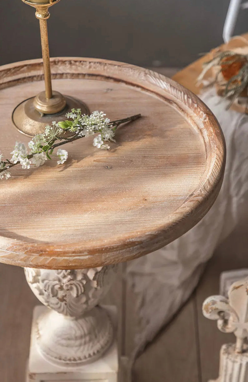 Roman Style Retro White Round Tea Table - Adjustable Wood & MgO Accent Table