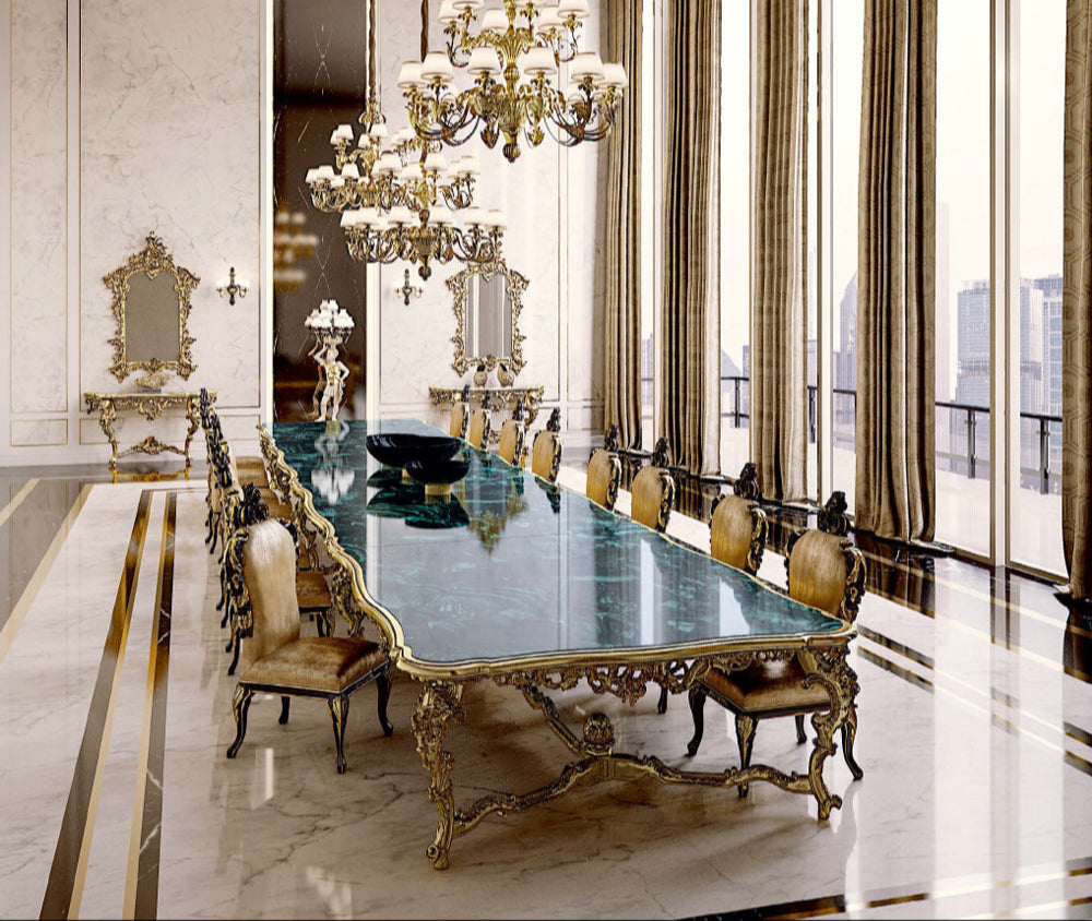 Neoclassical Baroque Luxury Solid Wood 8-Seater Dining Table Set with Marble Top - Handcrafted in Germany