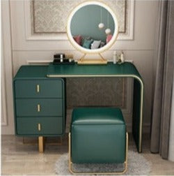 Modern Luxury Makeup Vanity Table Set with LED Smart Touch Mirror, Microfiber Leather Stool