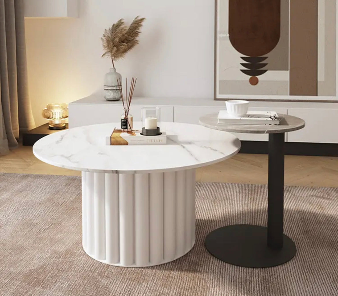 Modern Slate & Wood Nesting Coffee Table - Round Marble-Top Accent End Table