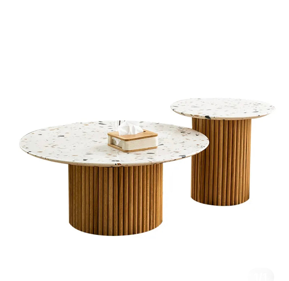 Light Luxury Marble & Wood Nesting Coffee Tables, Modern Round Art Design