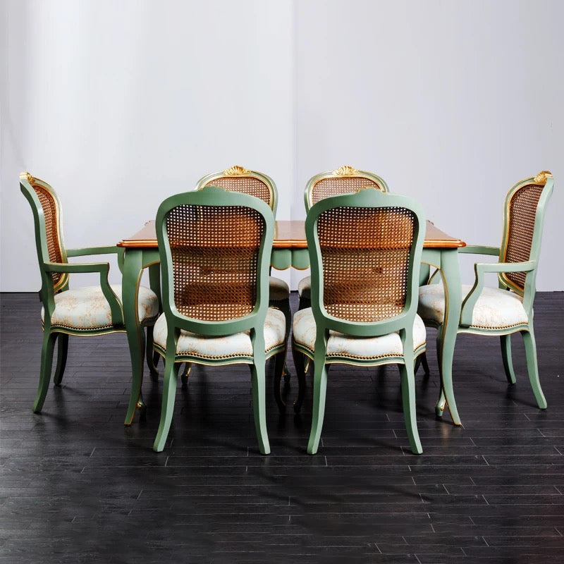 Dynasty American Style Rattan & Leather Dining Table Set - Post-Modern Antique Design