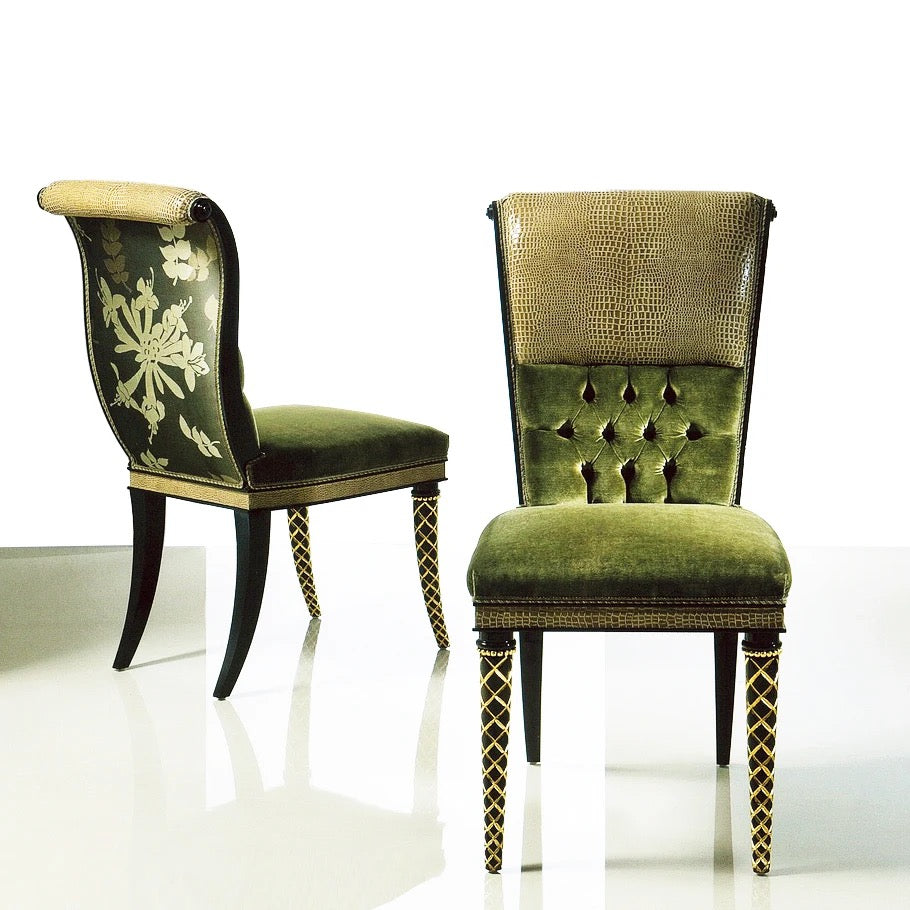 Loyal TF Neoclassic Carved Wood Armchair, Golden Green Velvet Dining Chair