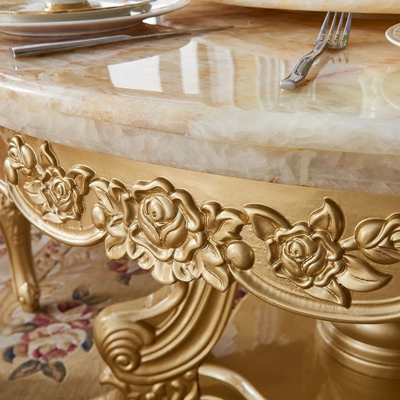 Baroque Style Golden Foil Round Dining Table Set - Hand-Carved Italian Luxury