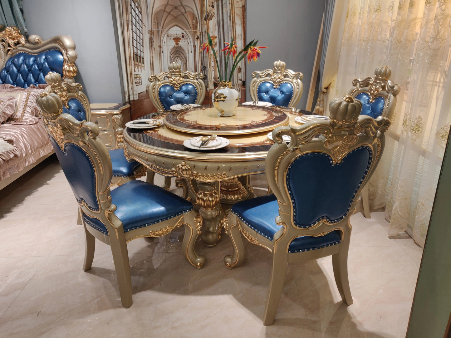 Dining Room Table Set Golden Foil Hand Carved Italian Baroque Design Furniture