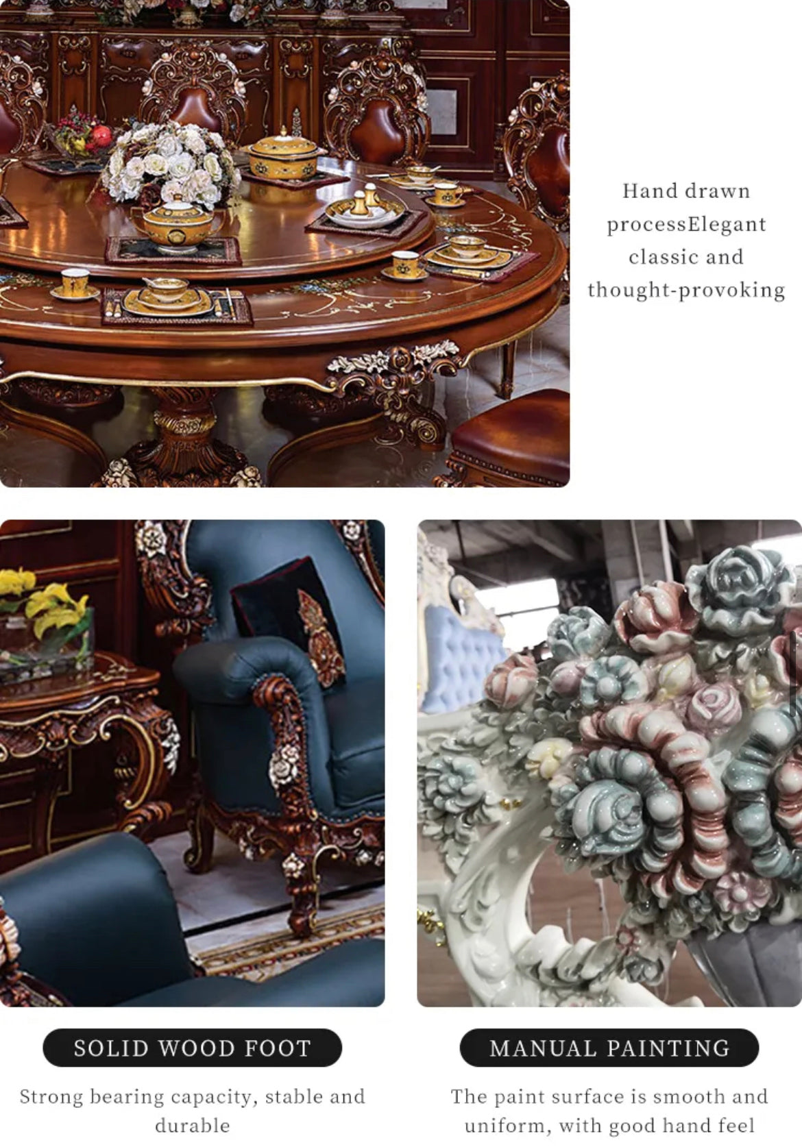 Baroque French Design Luxury Solid Wood Hand-Carved Dining Table - Antique Style, Dining Room Furniture