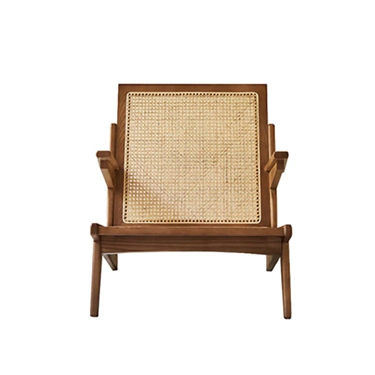 Modern Rattan Leisure Chair, Solid Ash Wood Lounge Armchair with Backrest