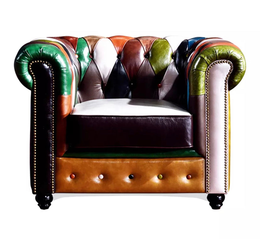 Loyal Furniture Retro Patchwork Chesterfield Wingback Armchair, Multicolor Leather Cigar Chair