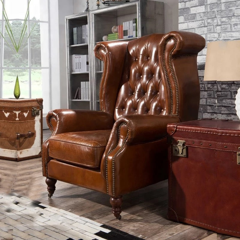 Vintage Chesterfield Wingback Chair -Office, Club, Leather, Customizable