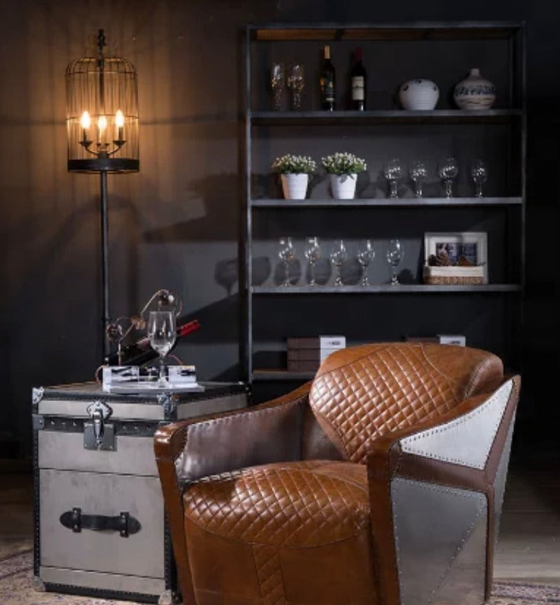 Modern Aviation Leisure Cigar Armchair, Genuine Leather & Aluminum Accent Chair