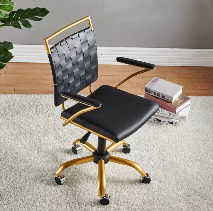 Luxury Swivel Office Chair - PU Leather, Black, Gold Accent