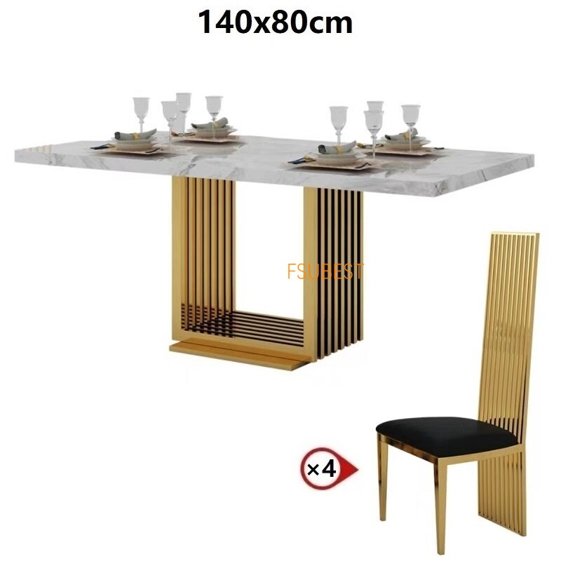 Nordic White Marble Dining Table Set - Rectangular Stainless Steel Golden Base Luxury