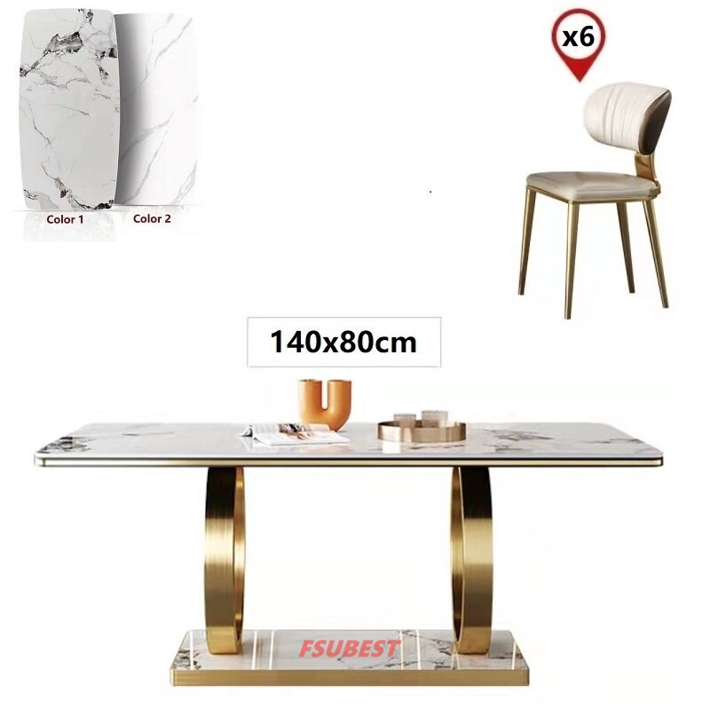 Luxury Gold Rectangle Stone Marble Dining Table Set 4/6/8-Seater - Modern Stainless Steel Base