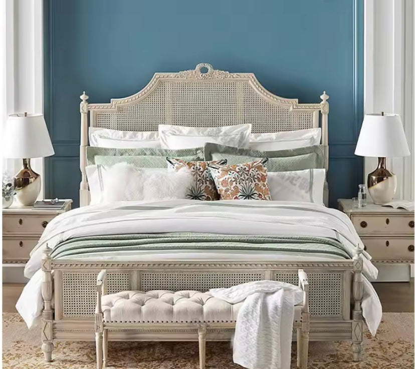 French Style Solid Wood Rattan King Size Bed Hand Carved Bedroom Queen Size Bed Furniture Sets