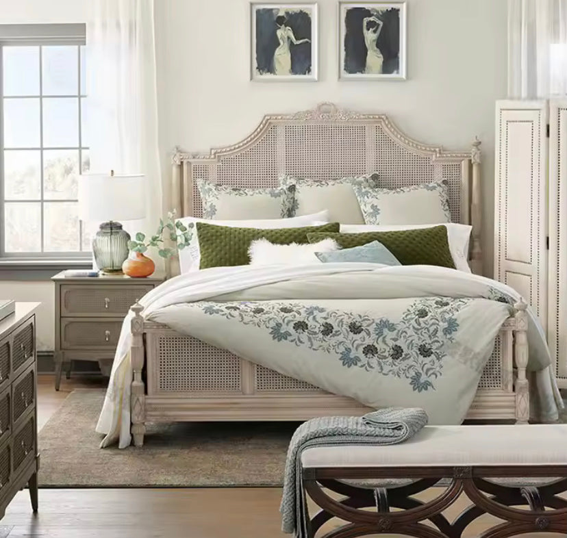 French Style Solid Wood Rattan King Size Bed Hand Carved Bedroom Queen Size Bed Furniture Sets