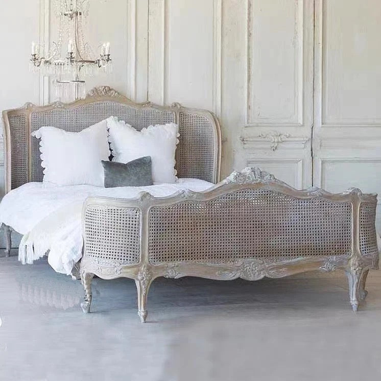 Bedroom King Queen Solid Oak Wood Bed French Retro Rattan Hand Carved Bed Furniture