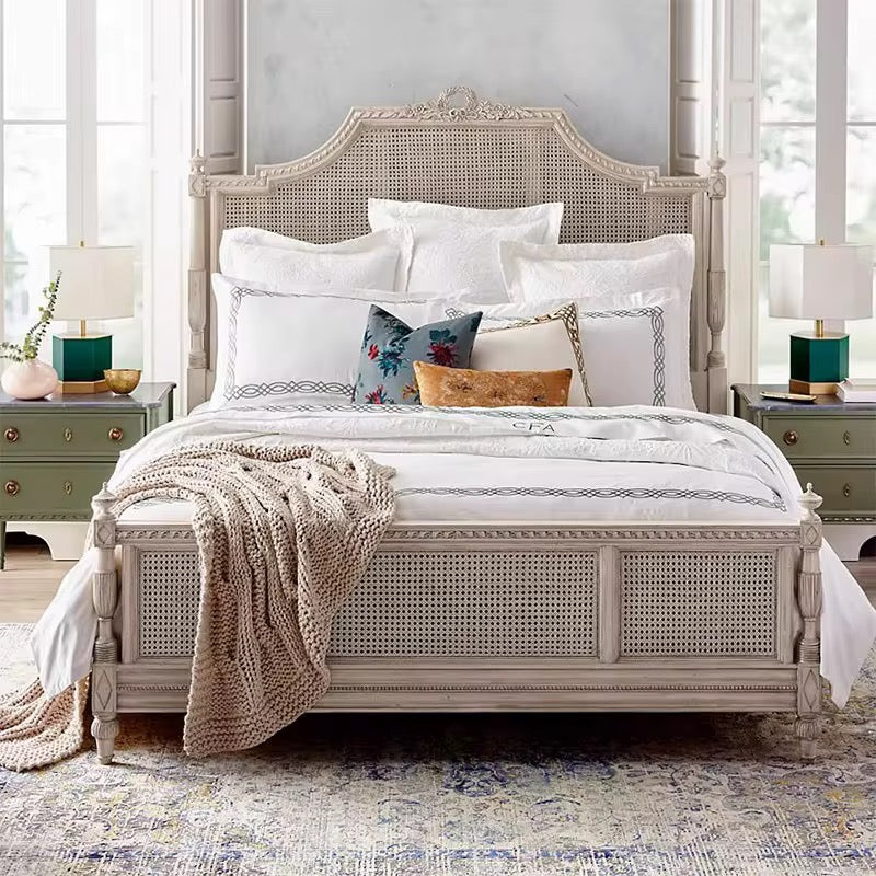 French Style Solid Wood Rattan King Size Bed Hand Carved Bedroom Queen Size Bed Furniture Sets