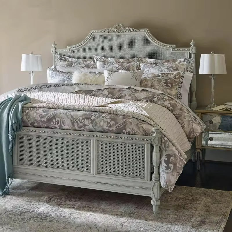 French Style Solid Wood Rattan King Size Bed Hand Carved Bedroom Queen Size Bed Furniture Sets