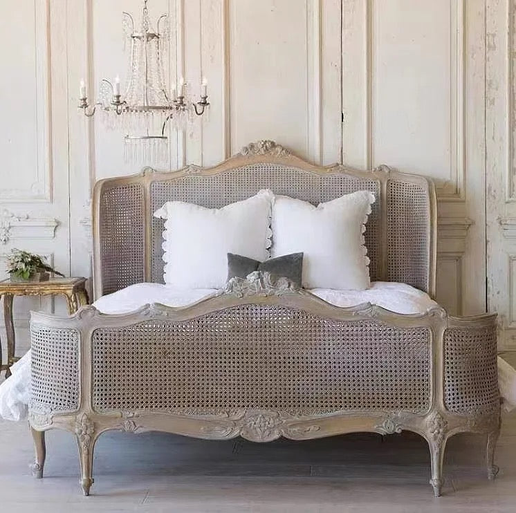 Bedroom King Queen Solid Oak Wood Bed French Retro Rattan Hand Carved Bed Furniture