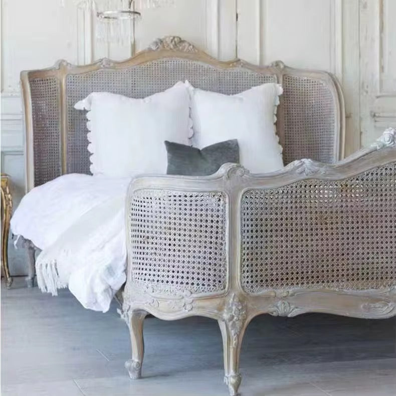 Bedroom King Queen Solid Oak Wood Bed French Retro Rattan Hand Carved Bed Furniture