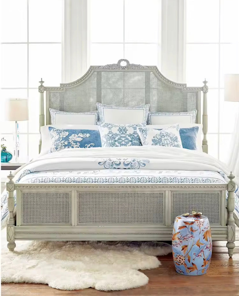 French Style Solid Wood Rattan King Size Bed Hand Carved Bedroom Queen Size Bed Furniture Sets