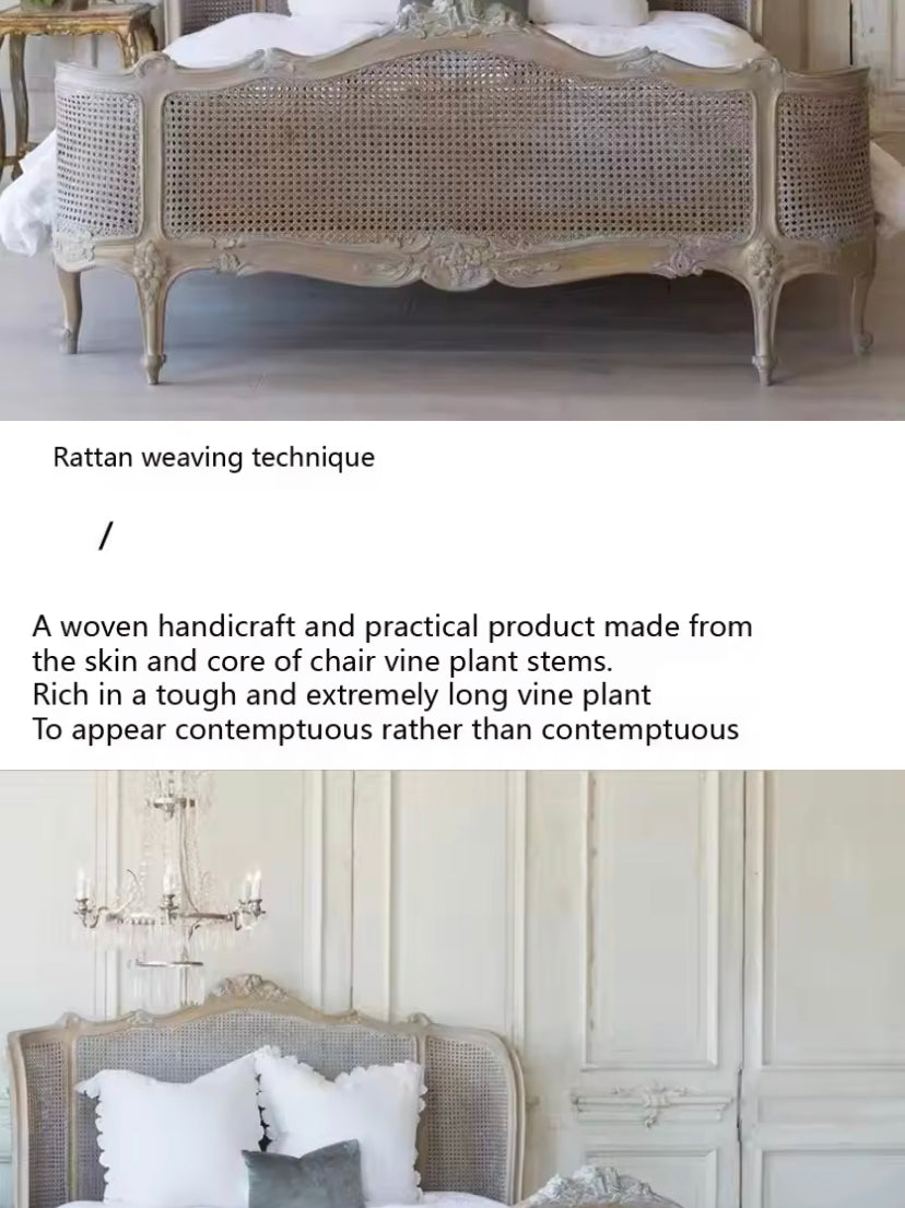 Bedroom King Queen Solid Oak Wood Bed French Retro Rattan Hand Carved Bed Furniture