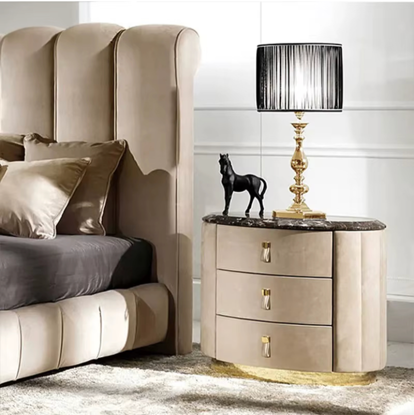 Modern Bedroom Night Table Italian Solid Wood 3 Drawer Velvet Bedside Cabinet Bedroom Furniture Nightstands