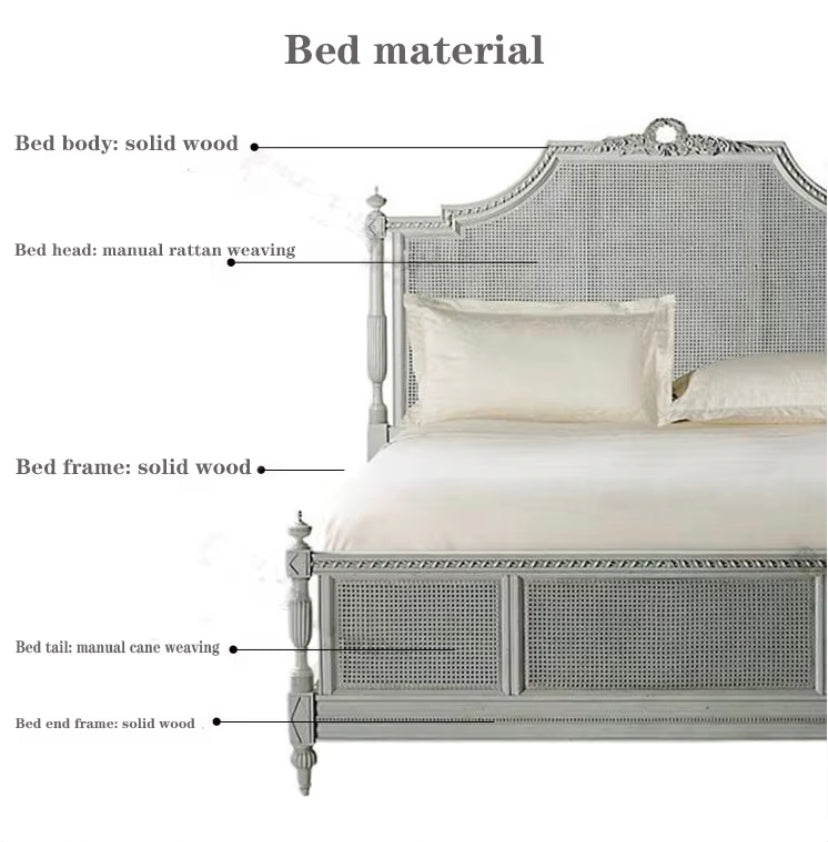 French Style Solid Wood Rattan King Size Bed Hand Carved Bedroom Queen Size Bed Furniture Sets