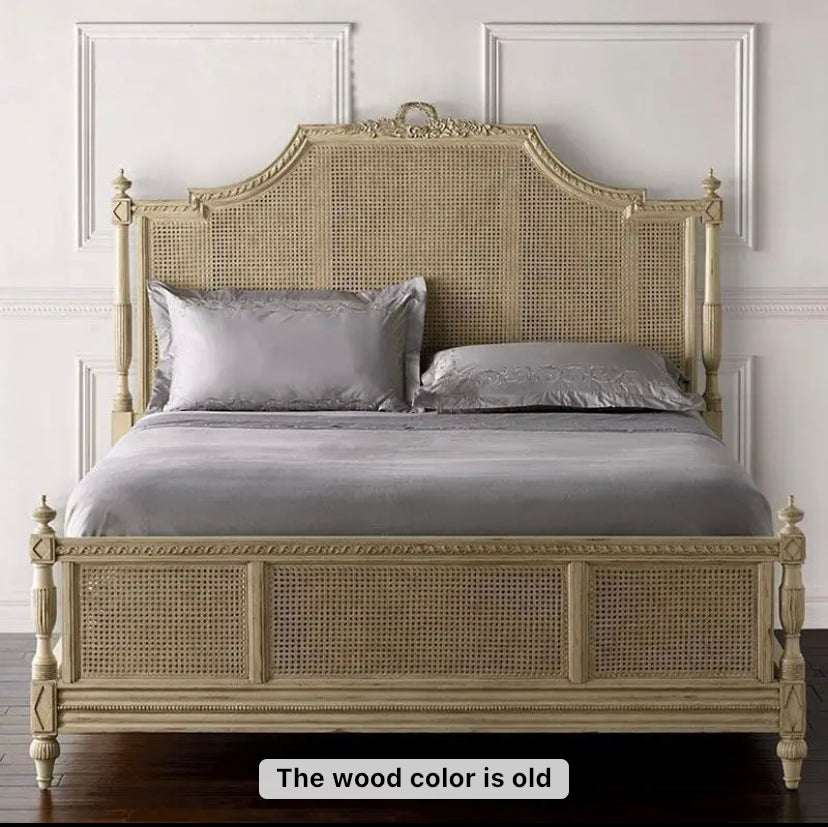 French Style Solid Wood Rattan King Size Bed Hand Carved Bedroom Queen Size Bed Furniture Sets