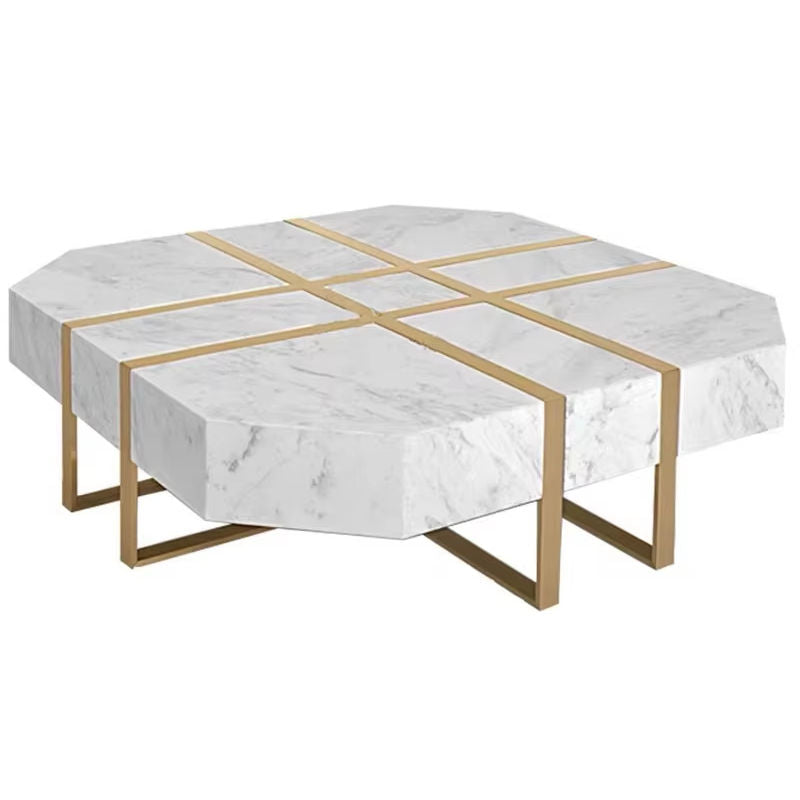 White Marble Square Coffee Table - Gold Plated Steel Modern Arabic Style