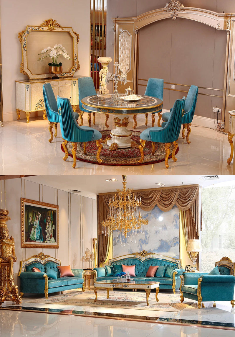 Nordic Luxury Baroque Dinning Table Antique Gold Round Dining Table Sets