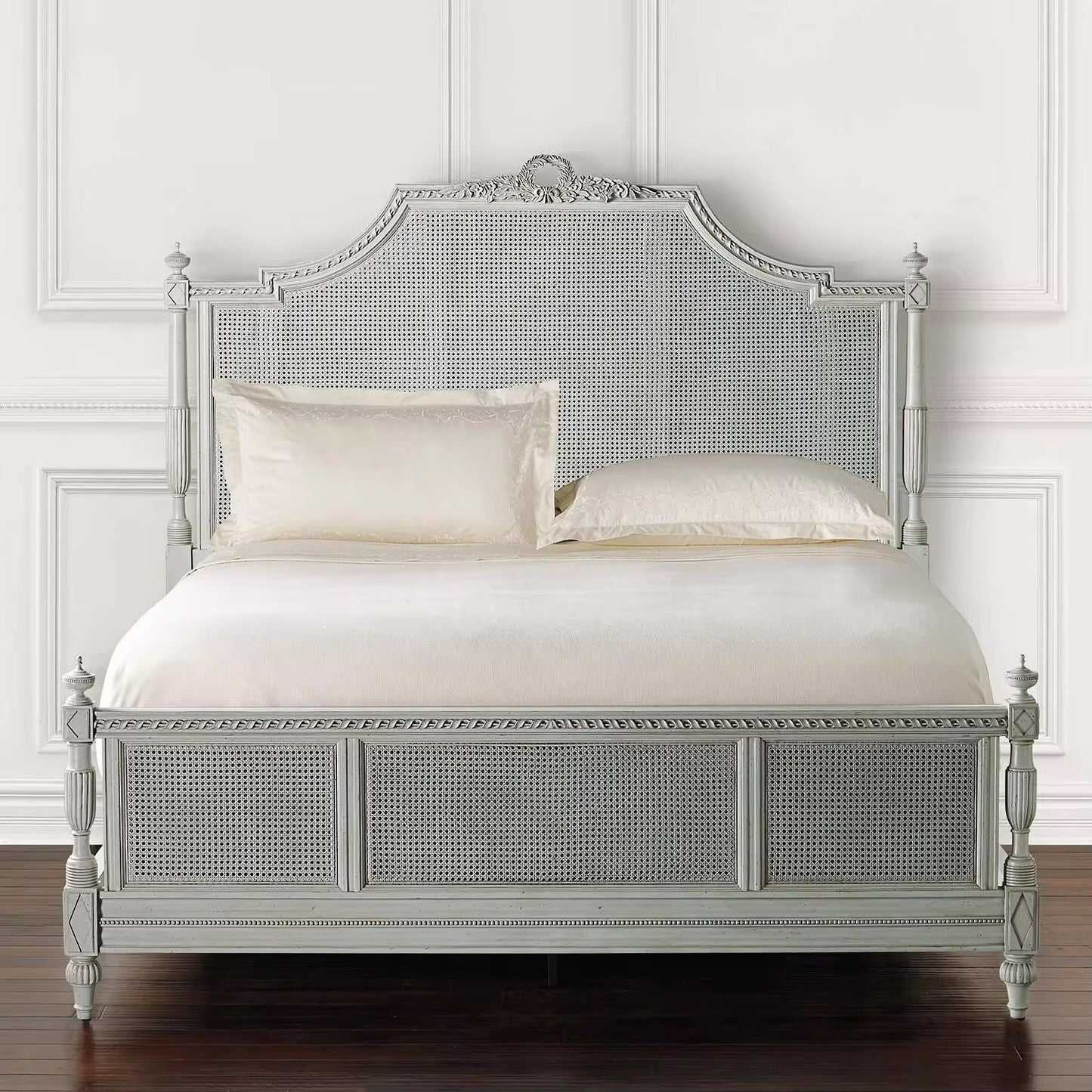 French Style Solid Wood Rattan King Size Bed Hand Carved Bedroom Queen Size Bed Furniture Sets