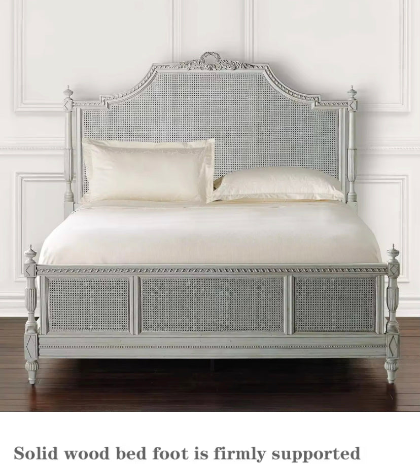 French Style Solid Wood Rattan King Size Bed Hand Carved Bedroom Queen Size Bed Furniture Sets