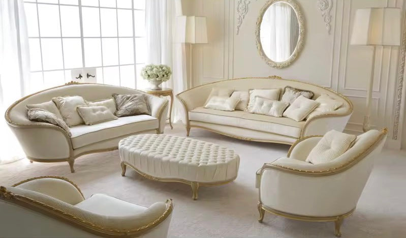 3+2+1 Sofa Set White Gold Painted Birch Solid Wood Baroque Design 7 Seater Sectional Sofas Living Room Furniture