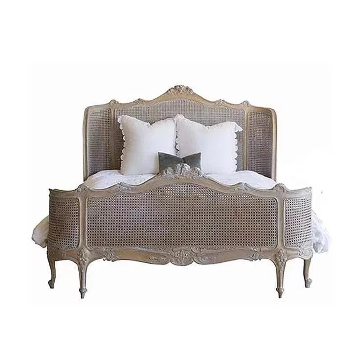Bedroom King Queen Solid Oak Wood Bed French Retro Rattan Hand Carved Bed Furniture
